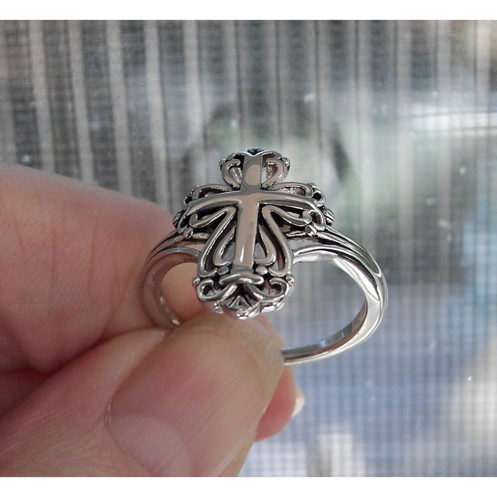 925 STERLING SILVER Antique Style Dainty Cross Ring - Picture 7 of 16
